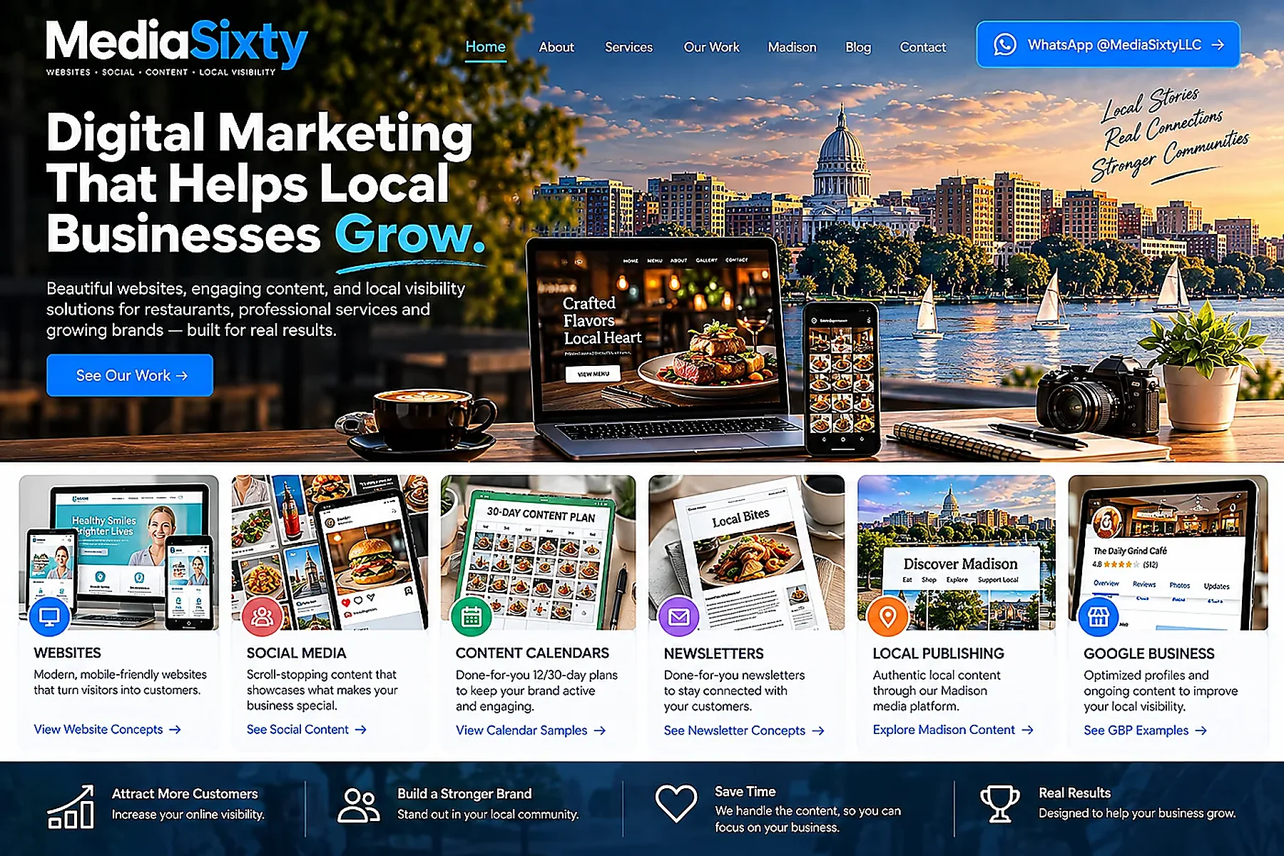 MediaSixty concept showing a modern local restaurant website and mobile content against a Madison-inspired city setting