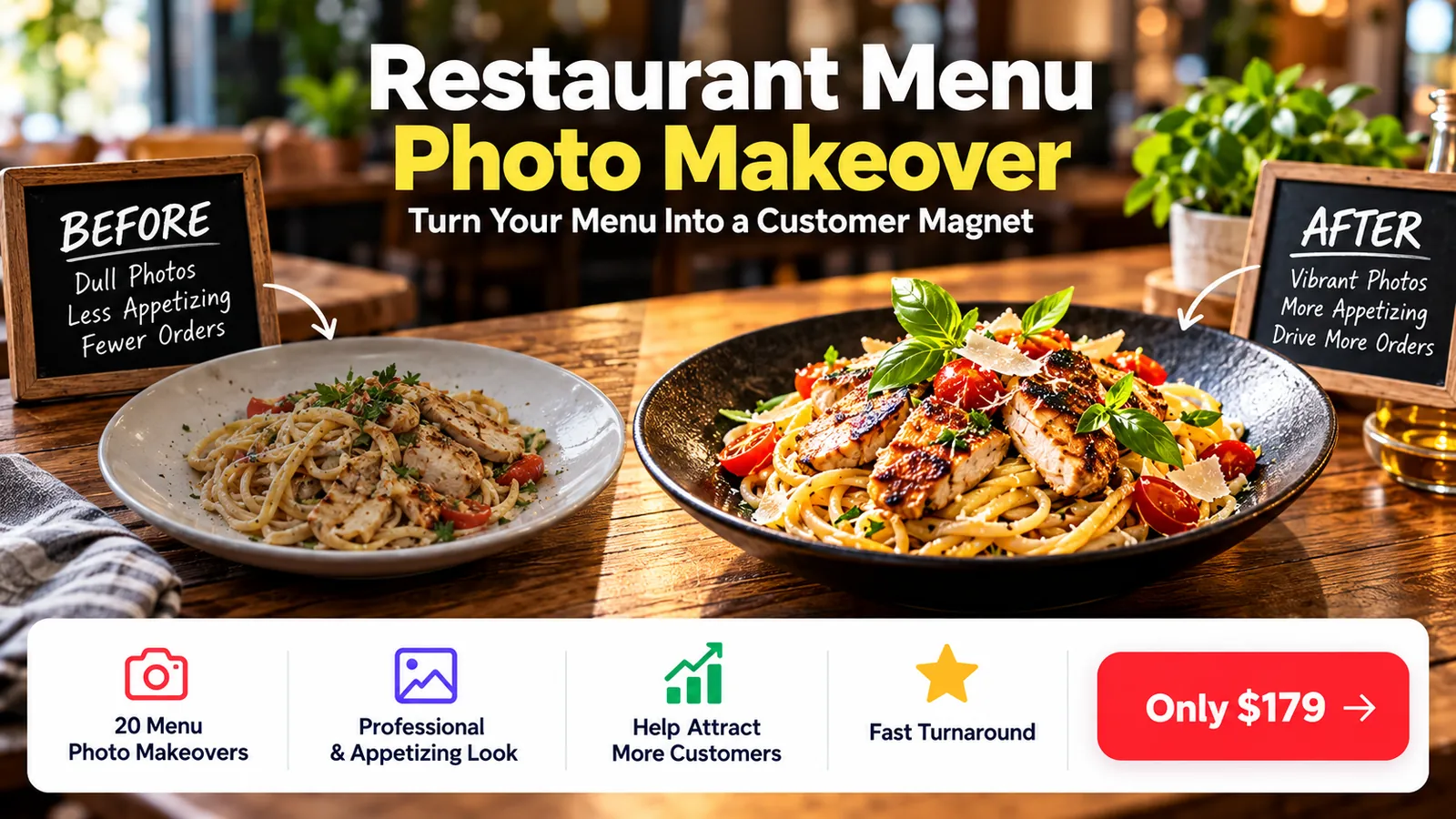 Before and after menu photo makeover concept